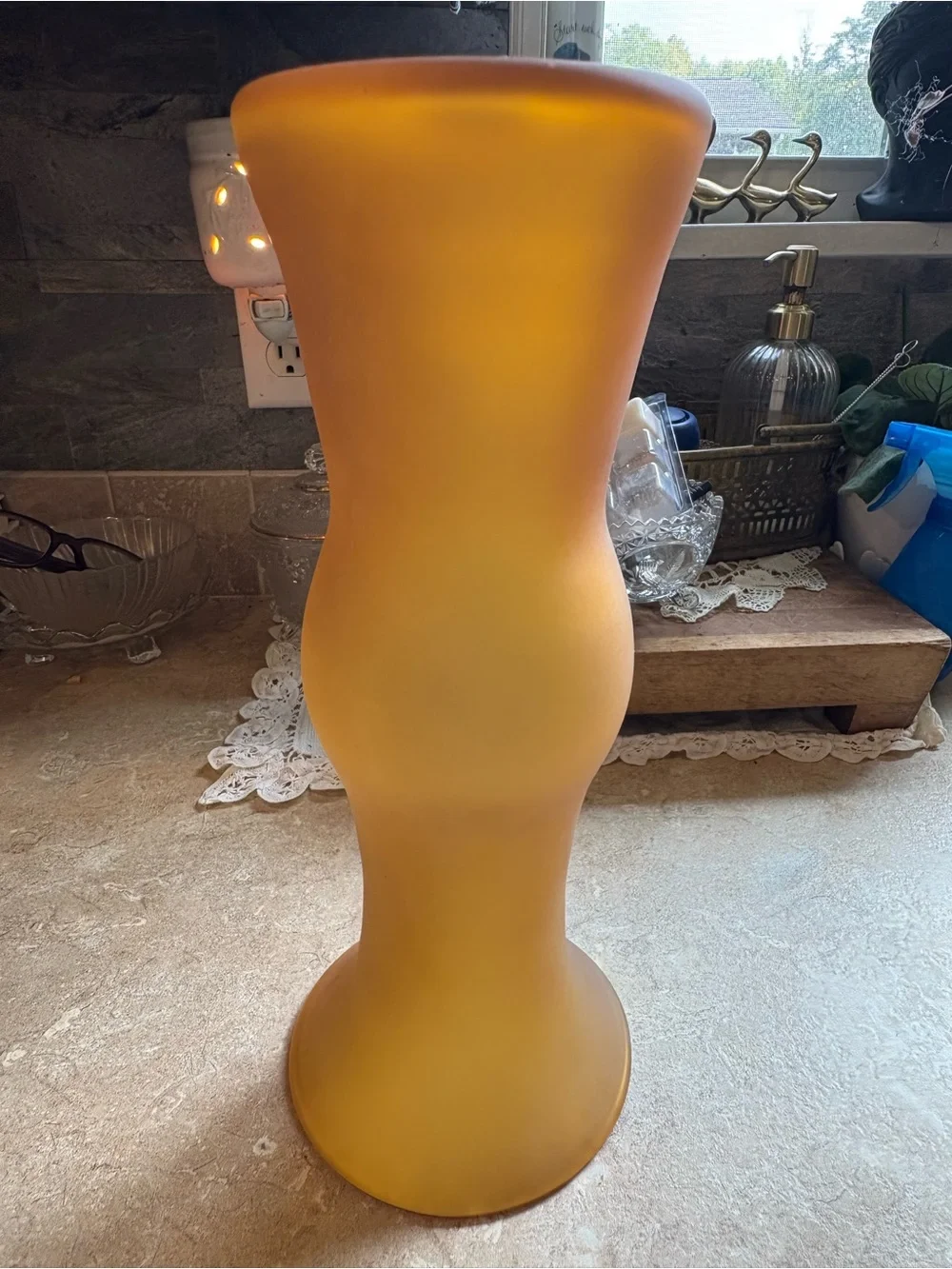 Vintage Blenko 12” Amber Frosted Satin Art Glass Vase Hand Blown MCM Label USA
